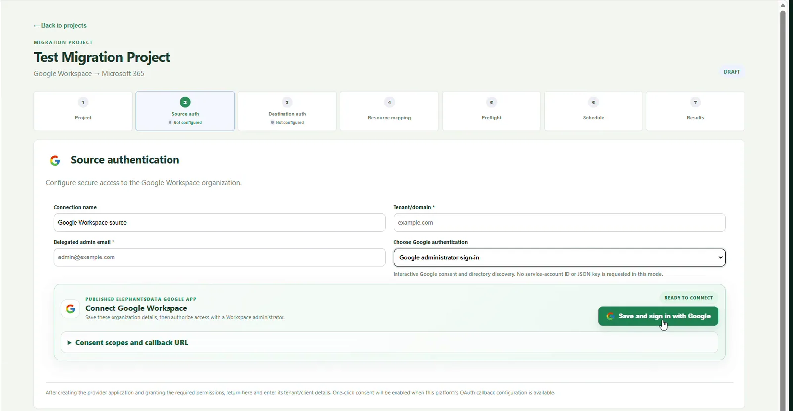 Real ElephantsData application showing source authentication and seven migration stages